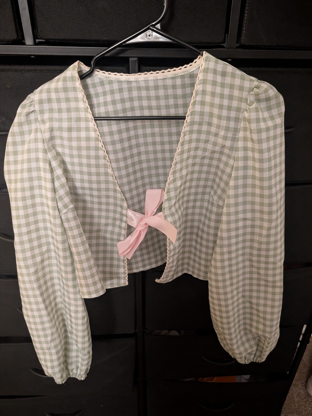 SHEIN Light Green Gingham Tie-Front Blouse with Pink Bow